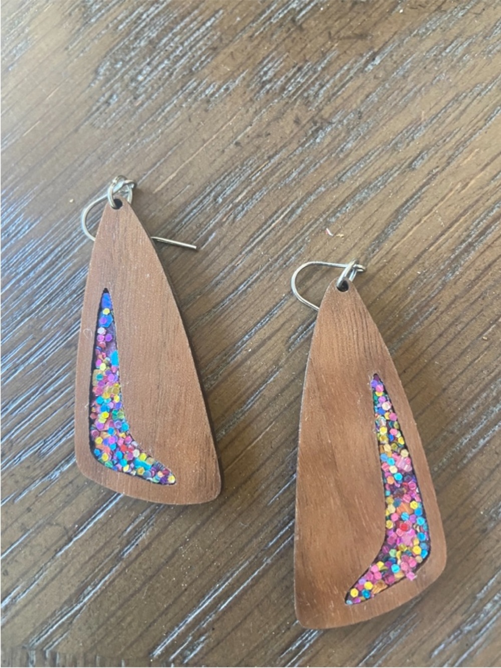 Wood Drop Earrings with Multicolor Glitter Inlay